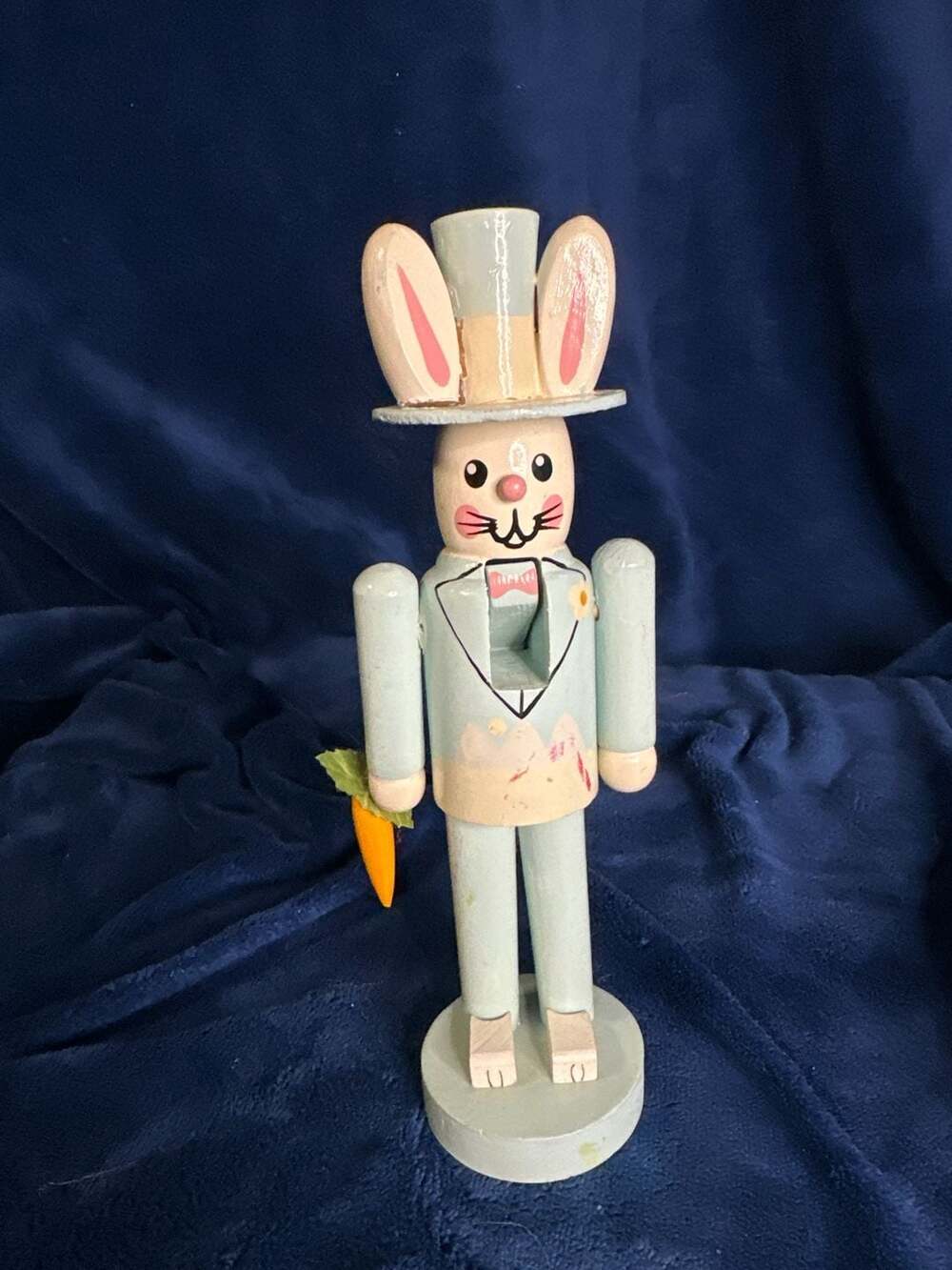 Terry's Village Wooden Easter Bunny Nutcracker in Light Blue Suit with Carrot